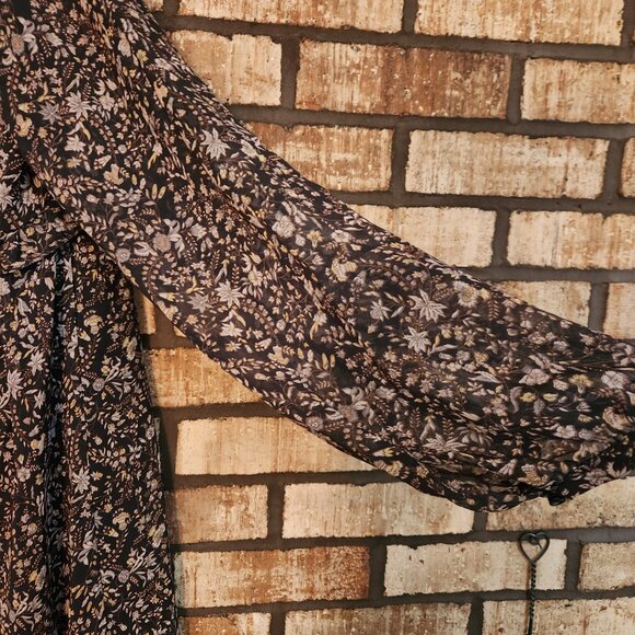 ZARA Brown Floral Sheer V-neck Long Sleeve Boho Mini Dress Size L - Picture 5 of 5